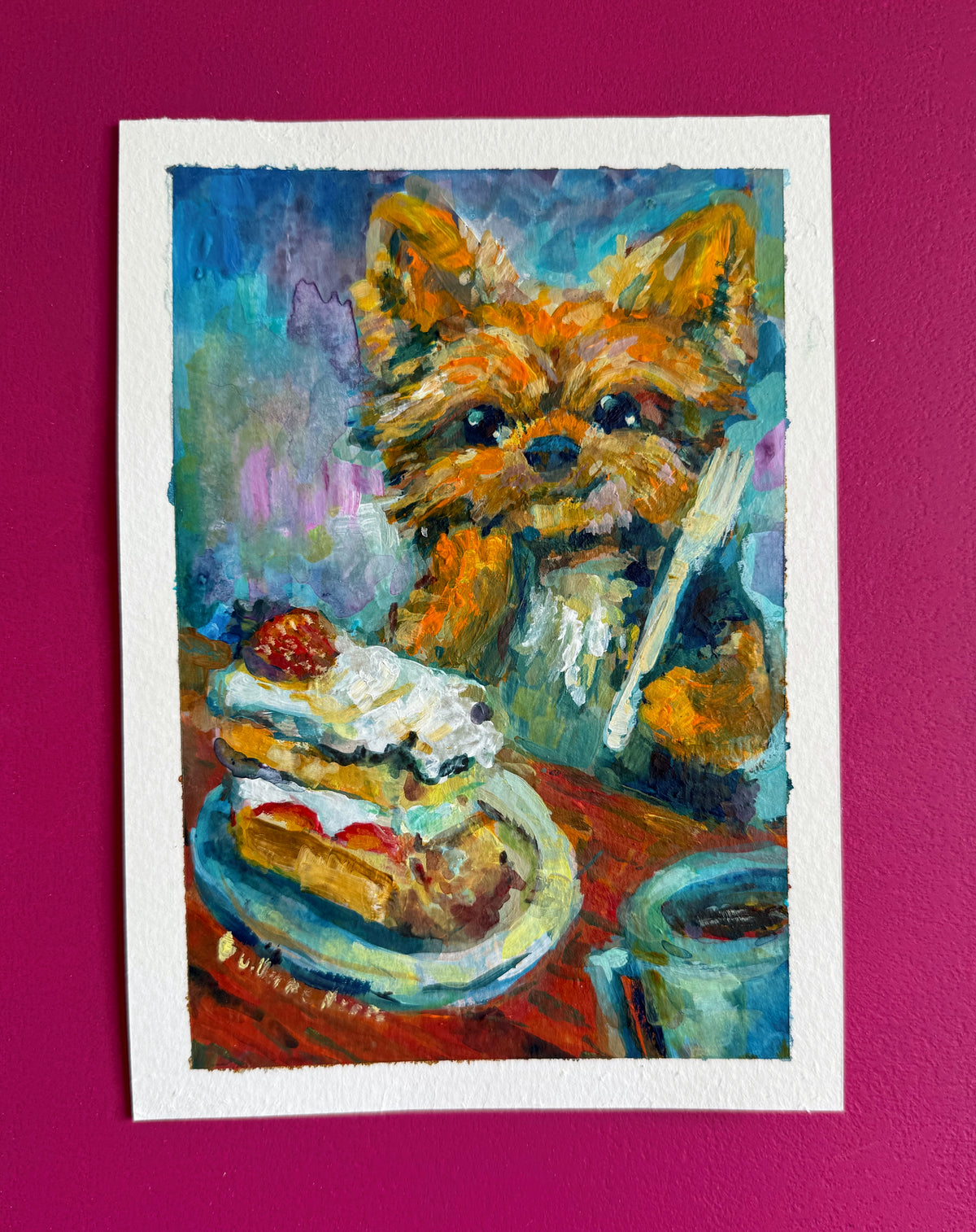 14,9 x20,9 cm  5,87 × 8,23 inches puppy eating the best cake of his life