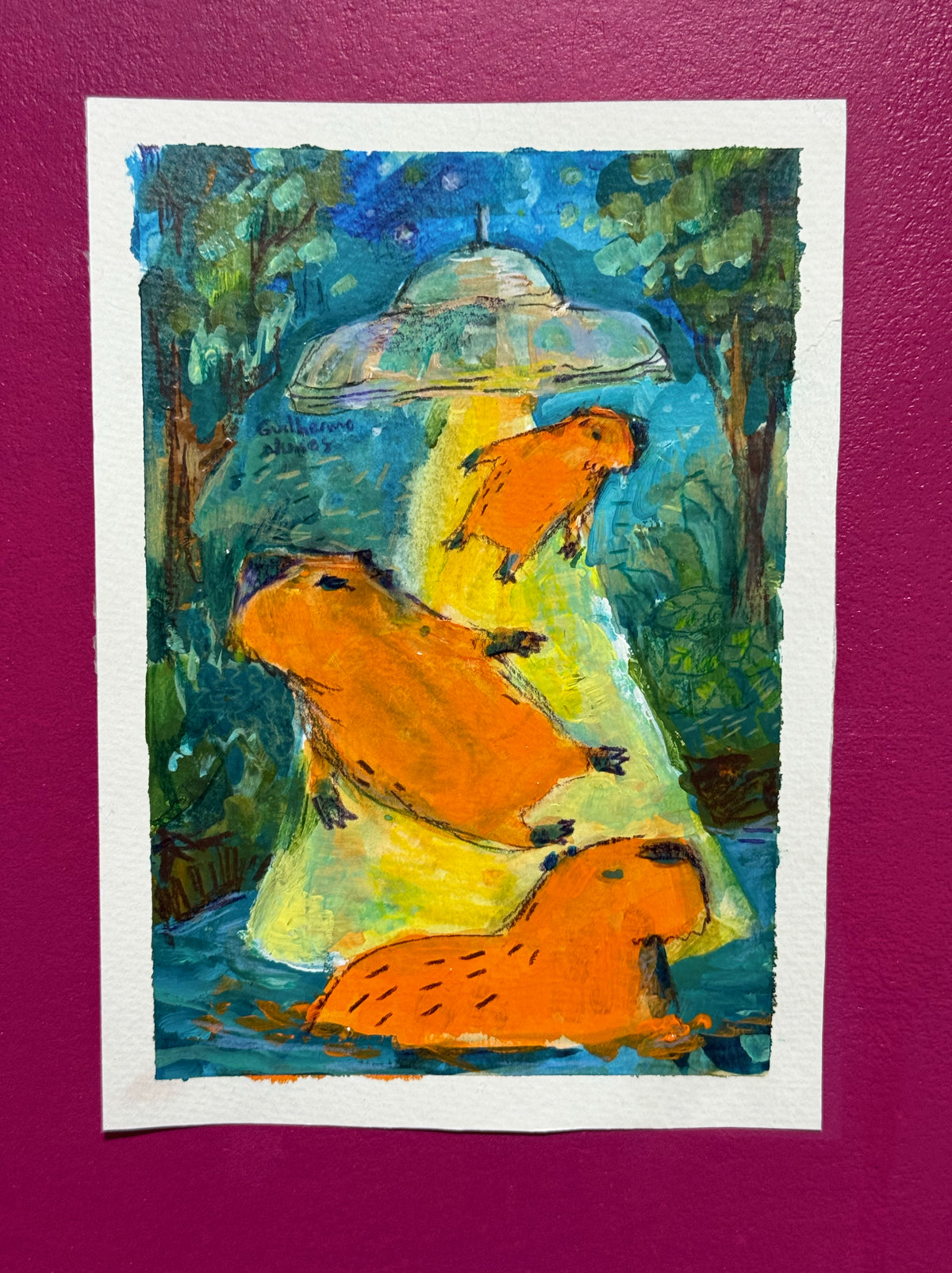 14,7 × 20,4 cm ≈ 5,79 × 8,03 inches Capybaras getting abducted... again.