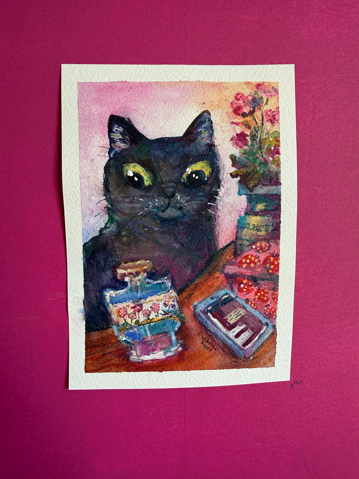 14,7 x 21 cm 5,79 × 8,27 inches kitten wondering if it's worth using this last bit of her favorite perfume that was discontinued years ago