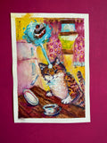 14,7 x 21 cm 5,79 × 8,27 inches a cat practicing telekinesis with a piece of cake that turned out HORRIBLE, she mistook sugar for salt