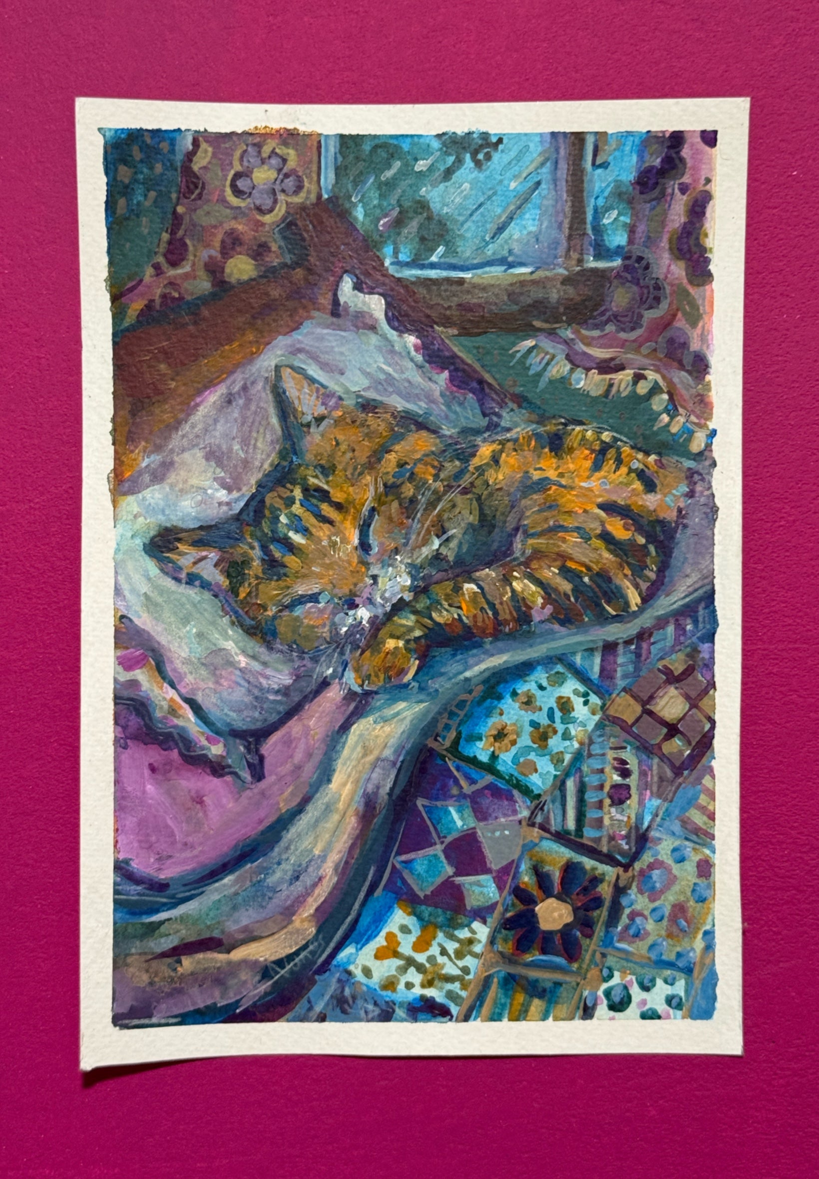 14,7 x 21 cm 5.79 x 8.27 inches. original acrylic paint, sleeping cat